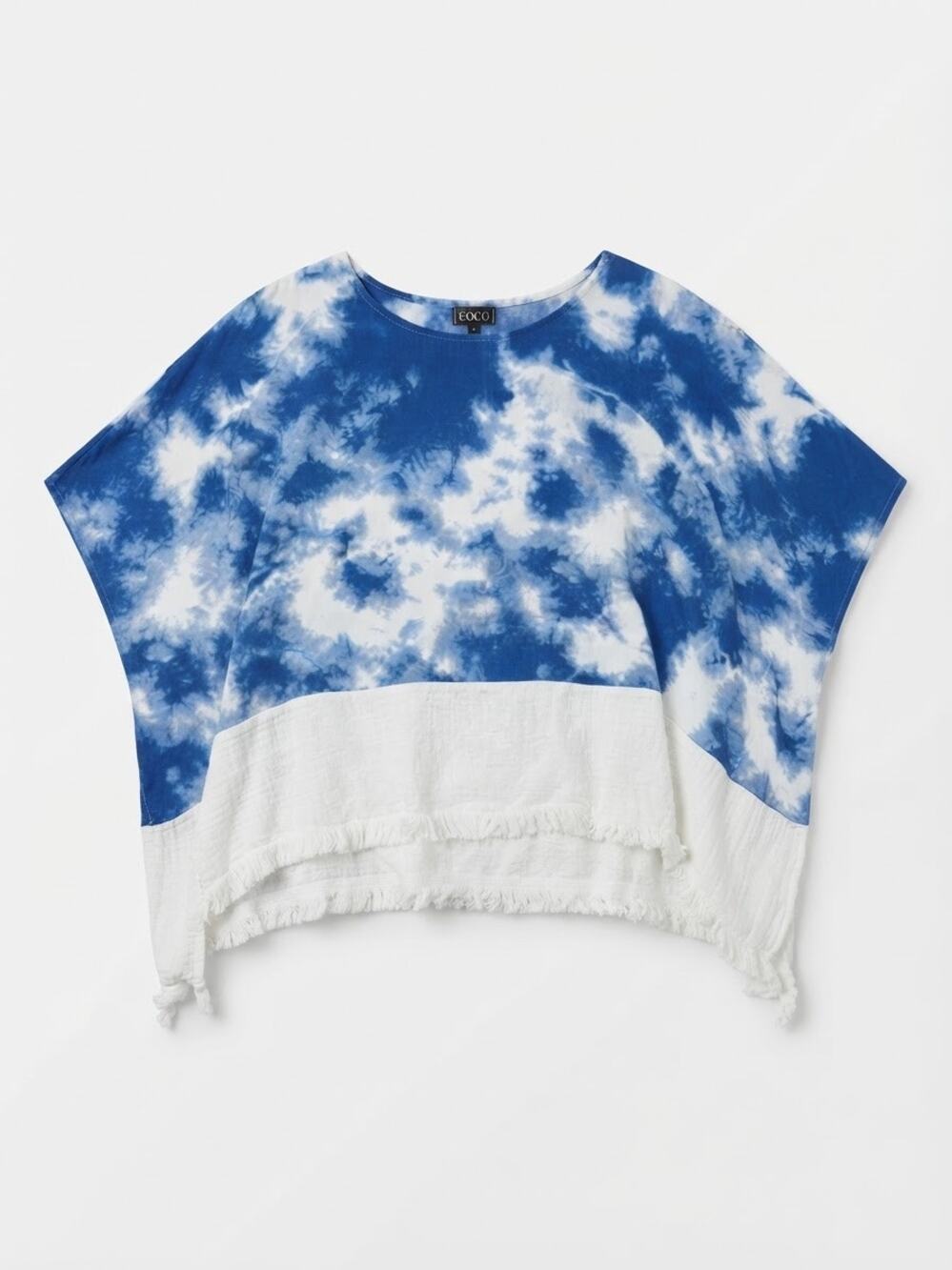 Coco Bianco Blue White Tie Dye Poncho Blouse Fringed Hem Size Small Boho Vacatio
